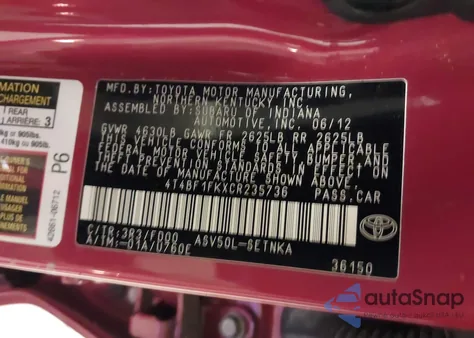 2012 Toyota Camry Le from USA, damaged, VIN 4T4BF1FKXCR235736